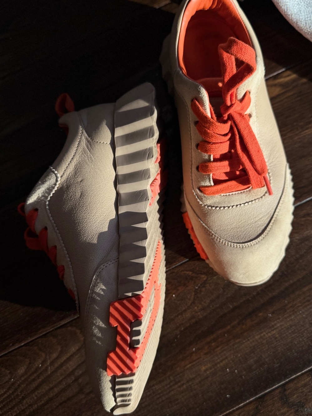 Hermes Tan Suede Sneakers with Bright Orange Accents - Picture 2 of 7